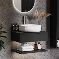 Grade A1 - 600mm Black Wall Hung Countertop Vanity Unit with Square Basin and Shelves - Lugo Grade A1 - 600mm Black Wall Hung Countertop Vanity Unit with Square Basin and Shelves - Lugo