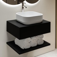 600mm Black Wall Hung Countertop Vanity Unit with White Square Basin and Shelf - Lugo