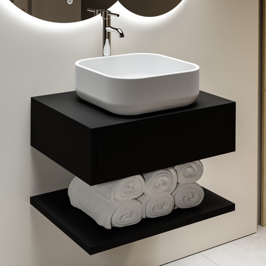 600mm Black Wall Hung Countertop Vanity Unit with White Square Basin and Shelf - Lugo