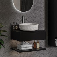 600mm Black Wall Hung Countertop Vanity Unit with Stone Effect Basin and Shelf - Lugo