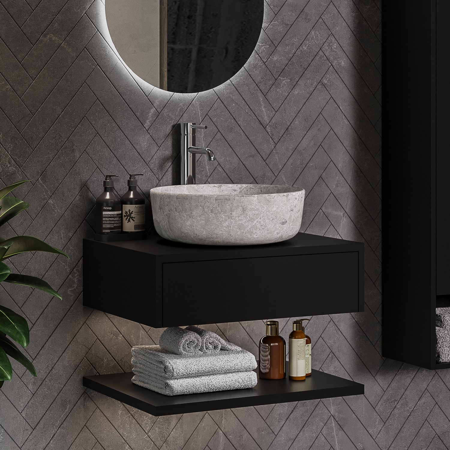 600mm Black Wall Hung Countertop Vanity Unit with Stone Effect Basin