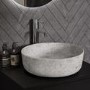 600mm Black Wall Hung Countertop Vanity Unit with Stone Effect Basin and Shelf - Lugo