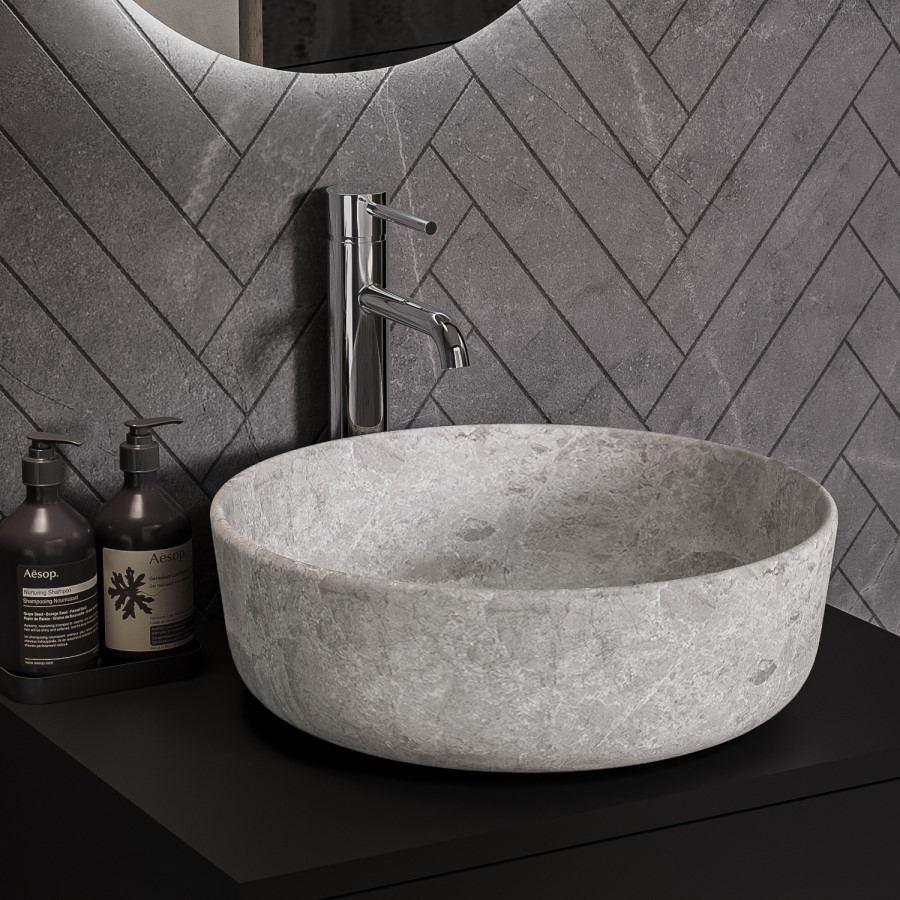 600mm Black Wall Hung Countertop Vanity Unit with Stone Effect Basin and Shelf - Lugo