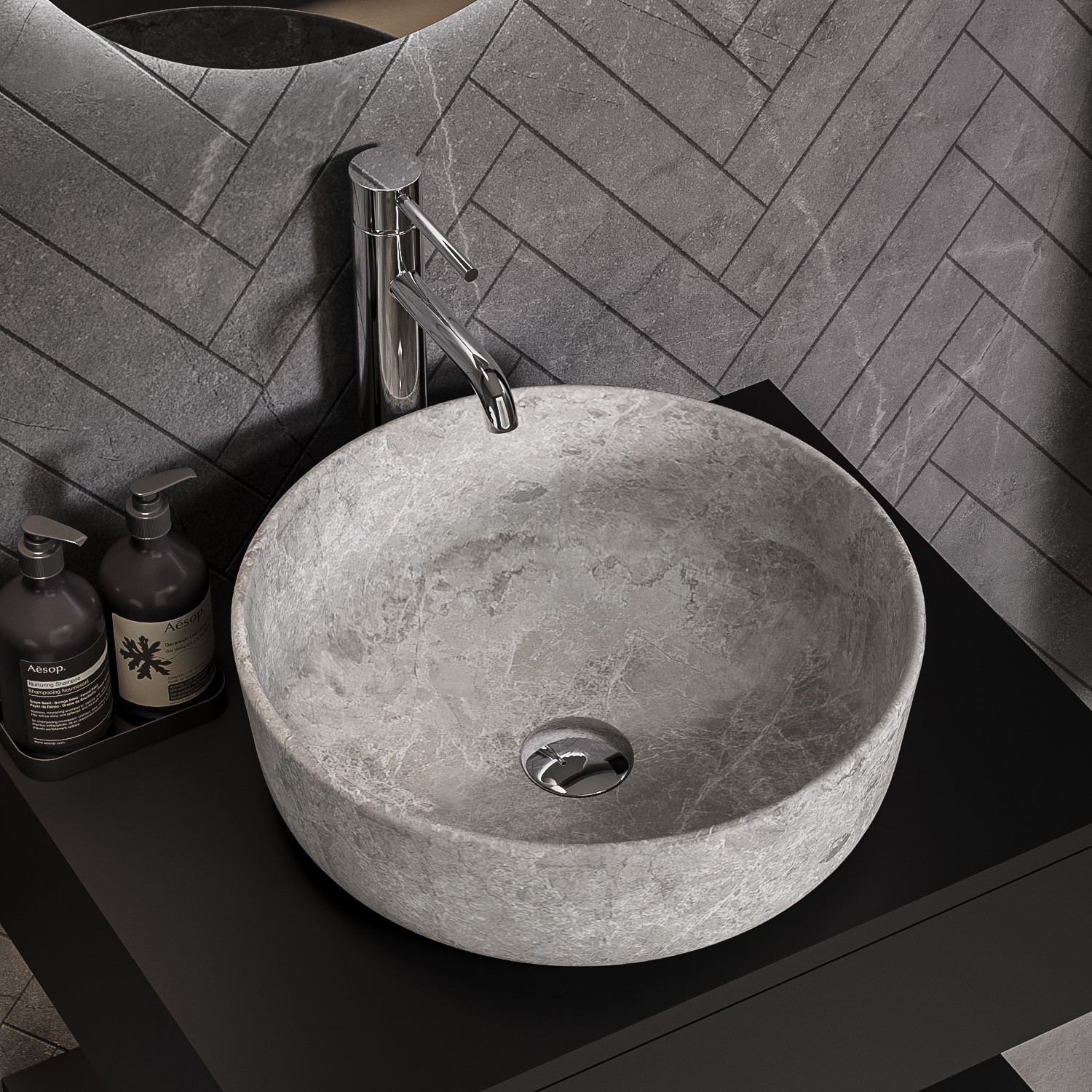 600mm Black Wall Hung Countertop Vanity Unit with Stone Effect Basin and Shelf Lugo Better