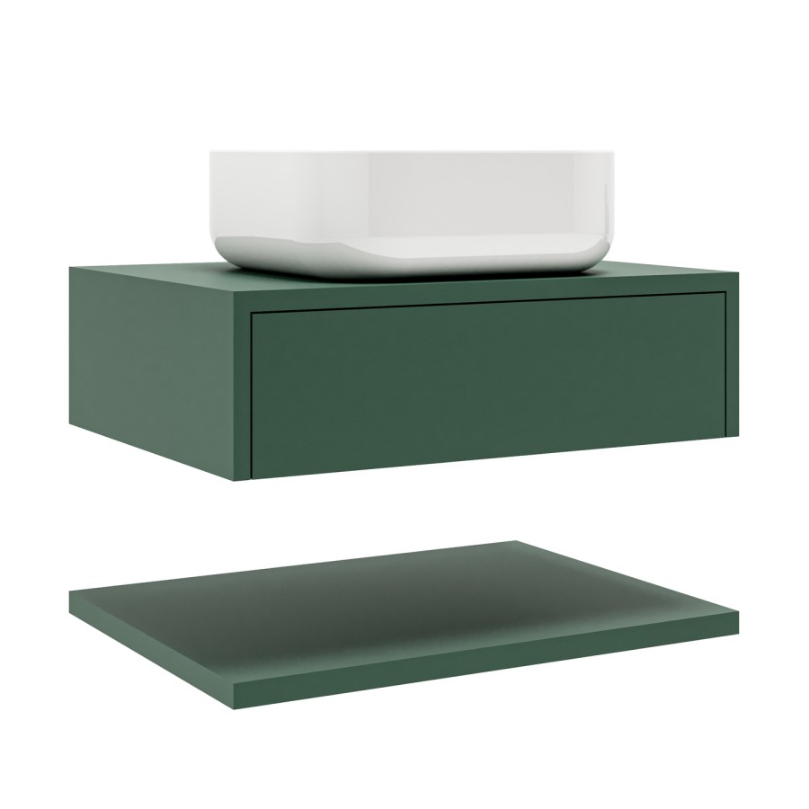 600mm Green Wall Hung Countertop Vanity Unit with Square Basin and Shelves - Lugo