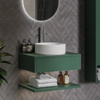 600mm Green Wall Hung Countertop Vanity Unit with Chevron Basin and Shelves - Lugo