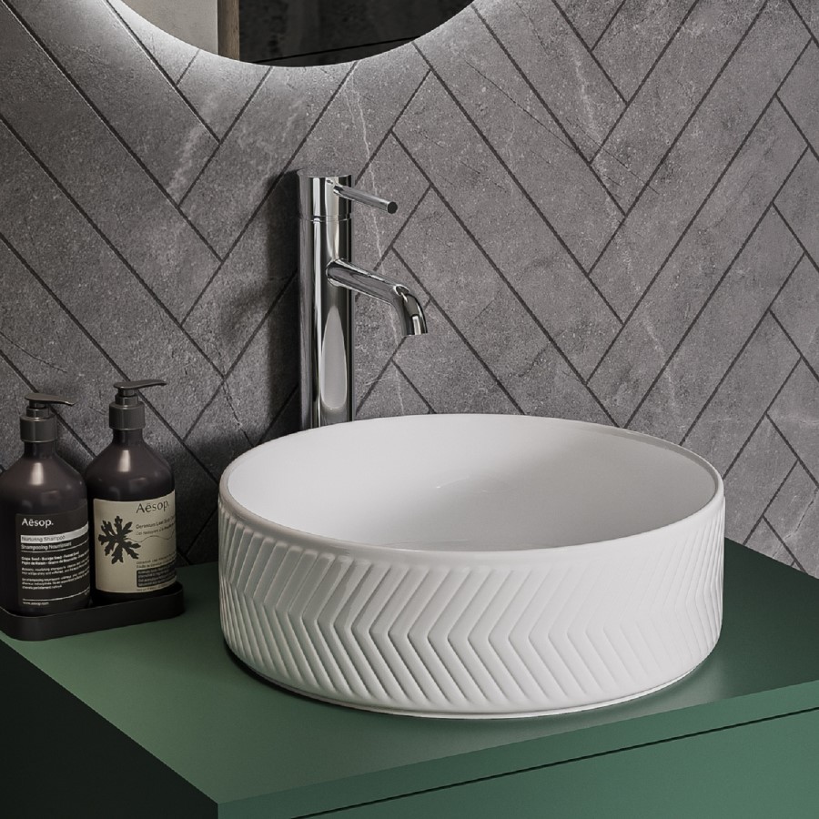 600mm Green Wall Hung Countertop Vanity Unit with Chevron Basin and Shelves - Lugo