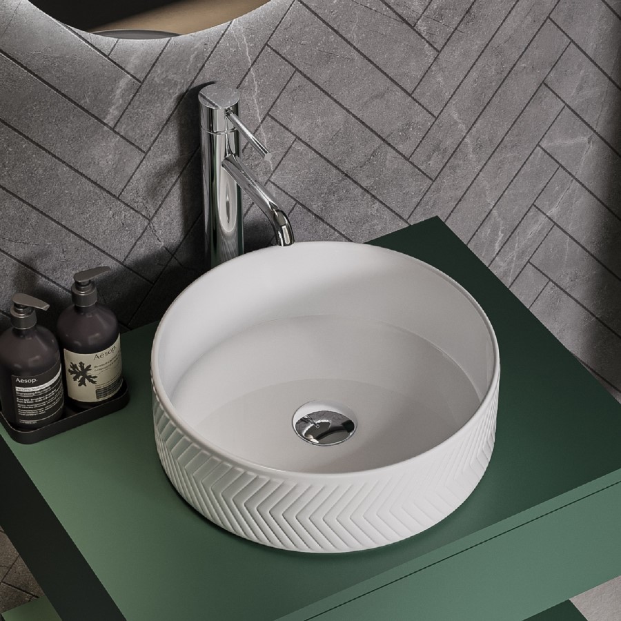 600mm Green Wall Hung Countertop Vanity Unit with Chevron Basin and Shelves - Lugo