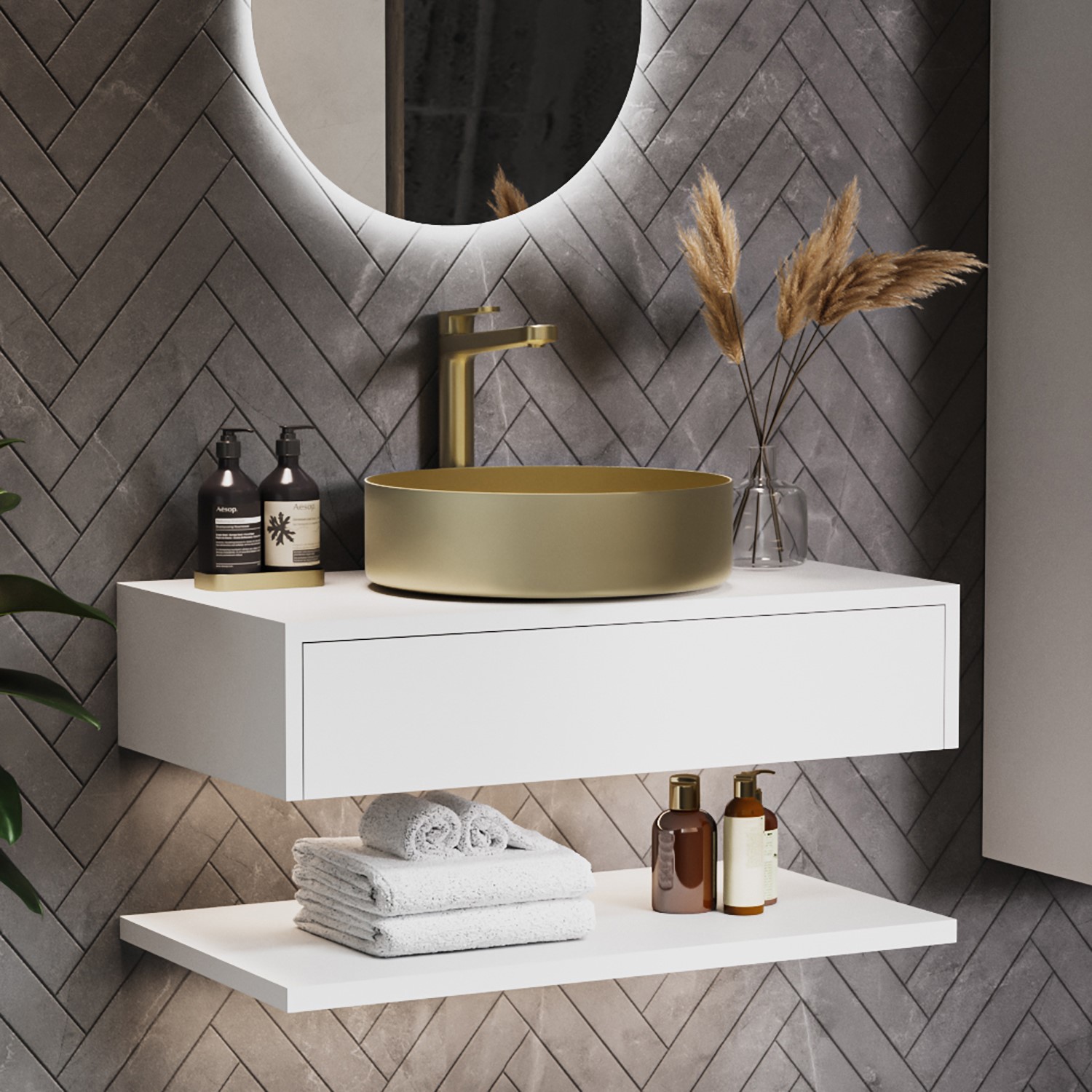 Lugo White 800Mm Wall Hung Countertop Vanity Unit With Brass Basin And Shelves