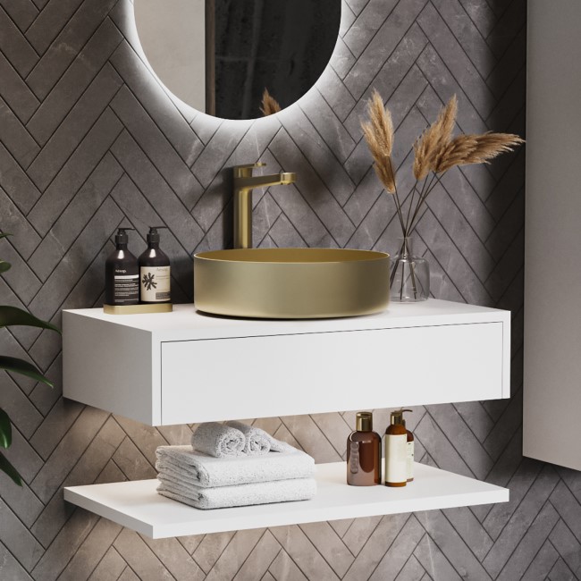 800mm White Wall Hung Countertop Vanity Unit with Brass Basin and Shelves - Lugo