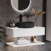 800mm White Wall Hung Countertop Vanity Unit with Black Basin and Shelf - Lugo   800mm White Wall Hung Countertop Vanity Unit with Black Basin and Shelf - Lugo