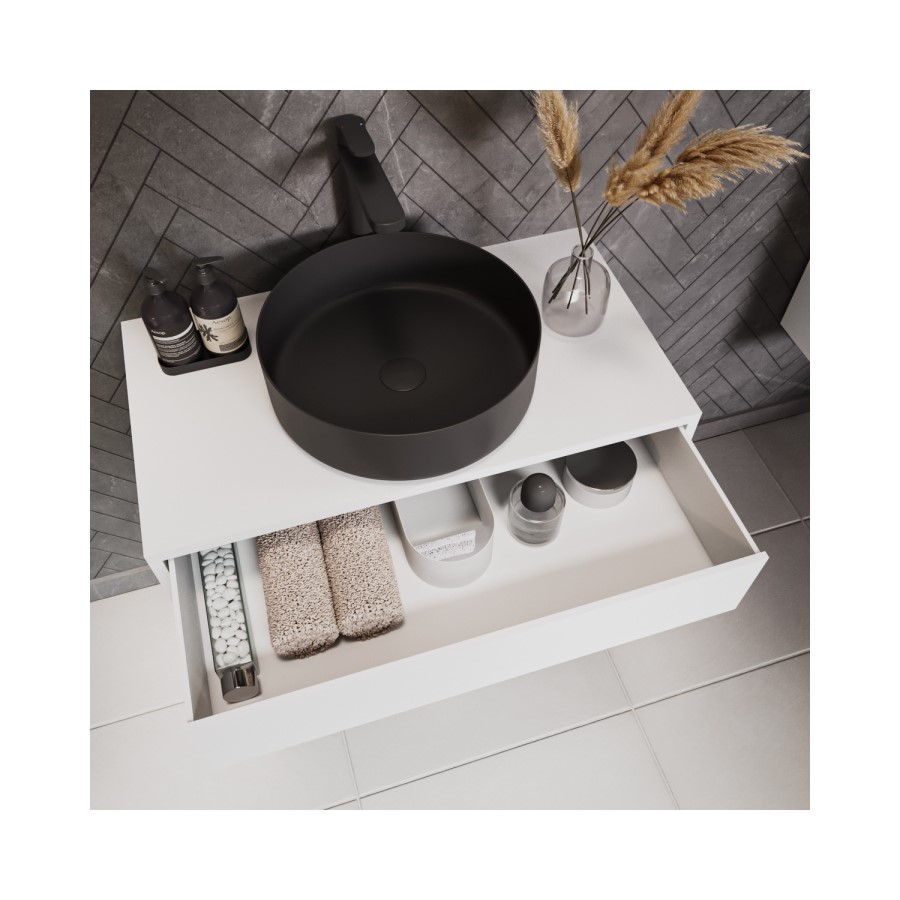 800mm White Wall Hung Countertop Vanity Unit with Black Basin and Shelf - Lugo