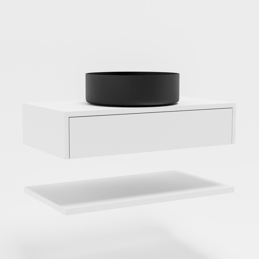 800mm White Wall Hung Countertop Vanity Unit with Black Basin and Shelf - Lugo