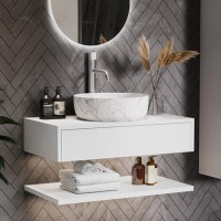 Grade A2 - 800mm White Wall Hung Countertop Vanity Unit with White Marble Effect Basin and Shelves - Lugo Grade A2 - 800mm White Wall Hung Countertop Vanity Unit with White Marble Effect Basin and Shelves - Lugo