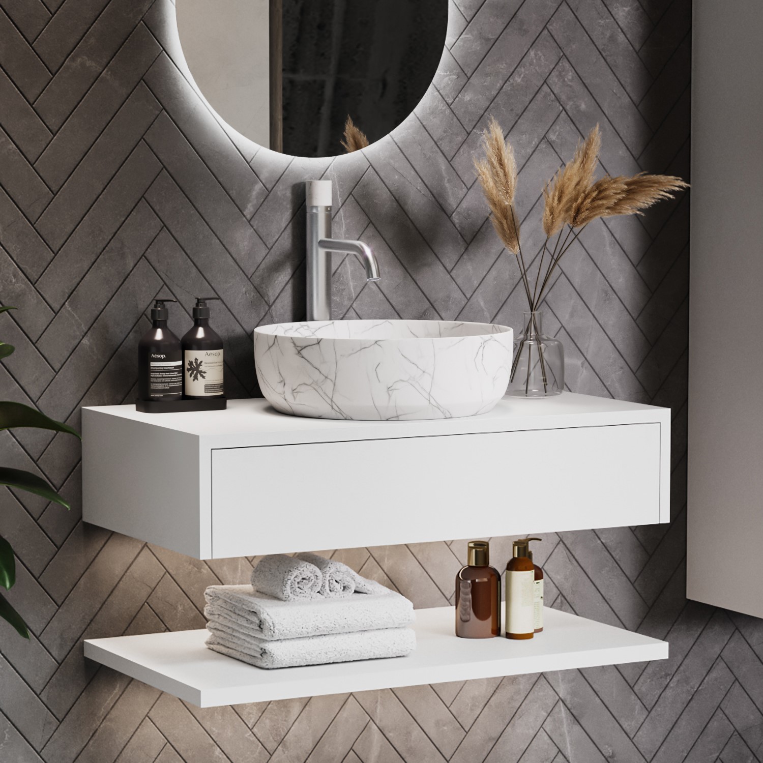 Lugo White 800Mm Wall Hung Countertop Vanity Unit With Marble Effect Basin And Shelves