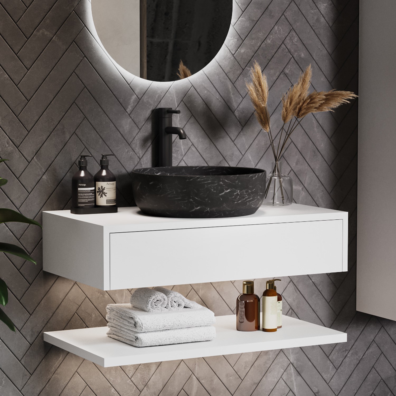 Lugo White 800Mm Wall Hung Countertop Vanity Unit With Black Marble Effect Basin And Shelves