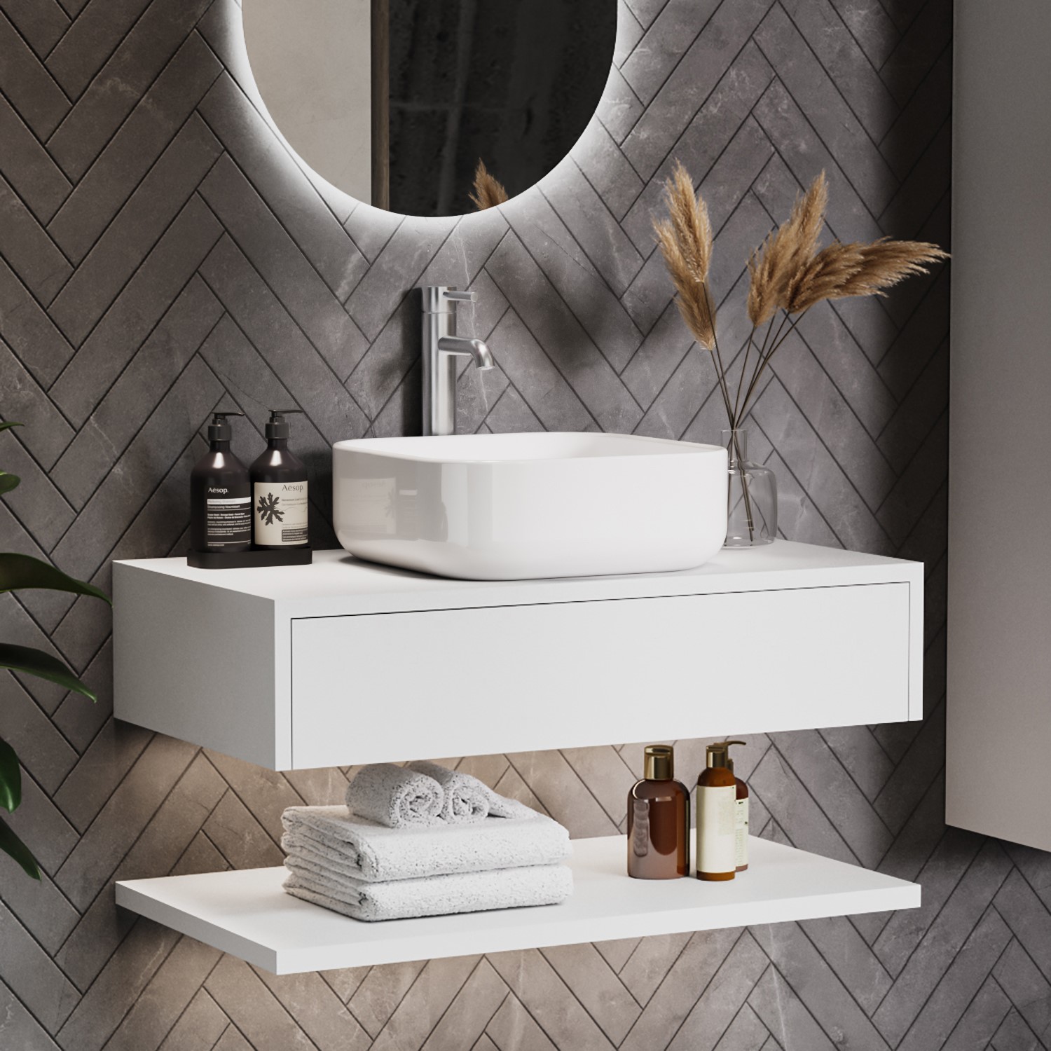 Lugo White 800Mm Wall Hung Countertop Vanity Unit With Square Basin And Shelves