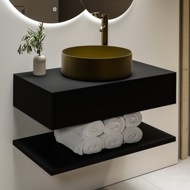 800mm Black Wall Hung Countertop Vanity Unit with Brass Basin and