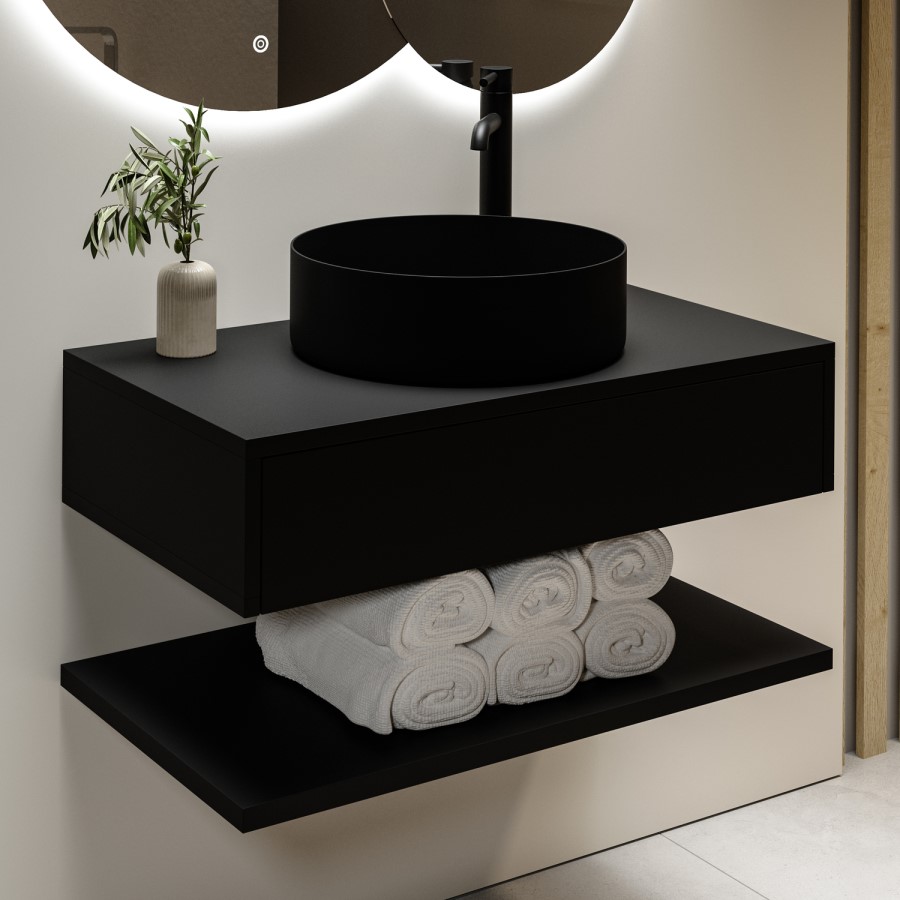 800mm Black Wall Hung Countertop Vanity Unit with Black Basin and Shelf - Lugo