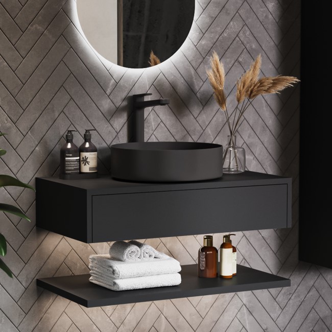 800mm Black Wall Hung Countertop Vanity Unit with Black Basin and Shelf - Lugo  
