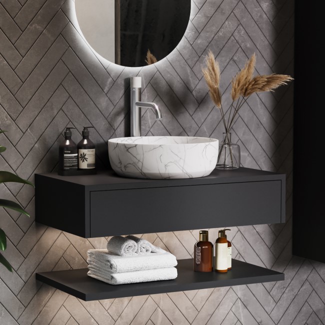800mm Black Wall Hung Countertop Vanity Unit with White Marble Effect Basin and Shelves - Lugo