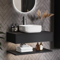 Grade A2 - 800mm Black Wall Hung Countertop Vanity Unit with Square Basin and Shelves - Lugo