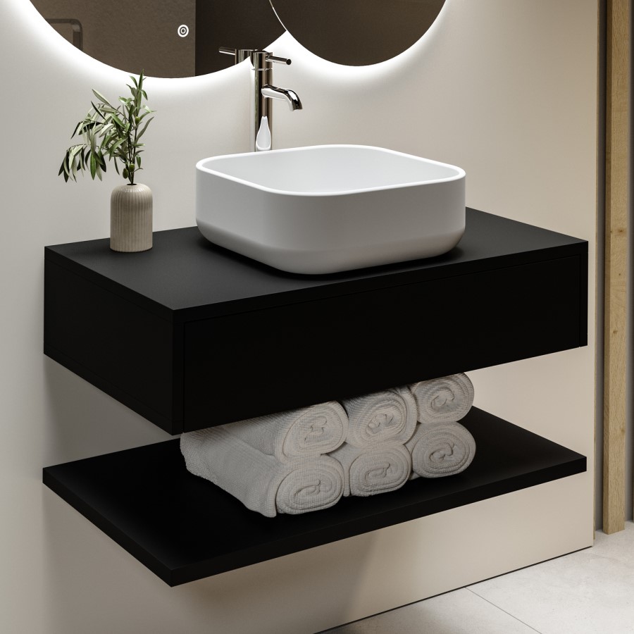 800mm Black Wall Hung Countertop Vanity Unit with White Square Basin and Shelf - Lugo