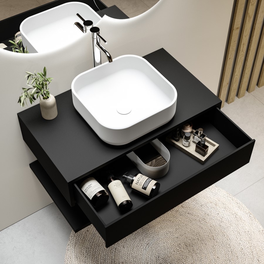 800mm Black Wall Hung Countertop Vanity Unit with White Square Basin and Shelf - Lugo