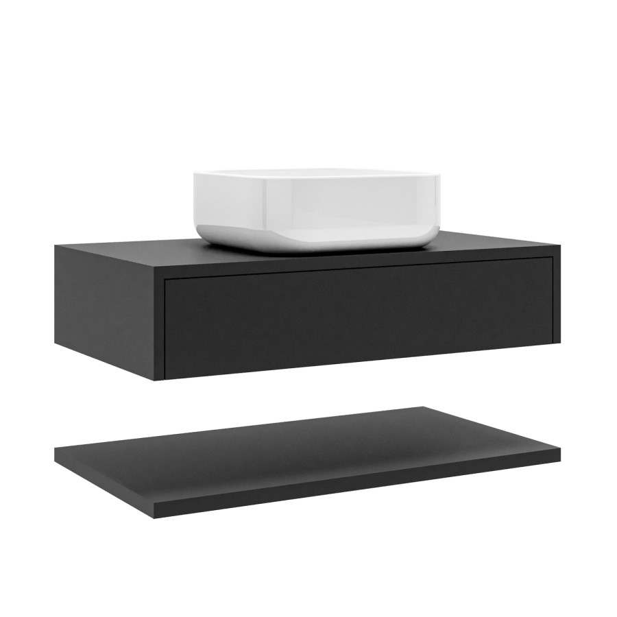800mm Black Wall Hung Countertop Vanity Unit with White Square Basin and Shelf - Lugo