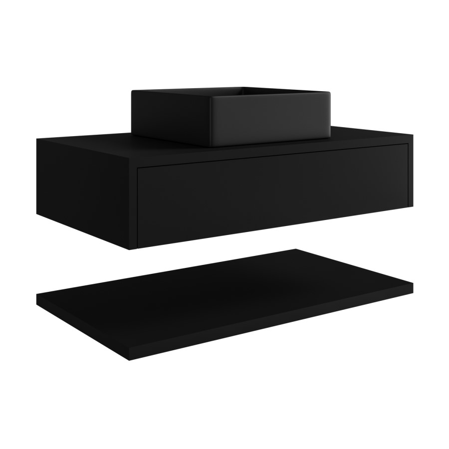 800mm Black Wall Hung Countertop Vanity Unit with Black Square Basin and Shelf - Lugo