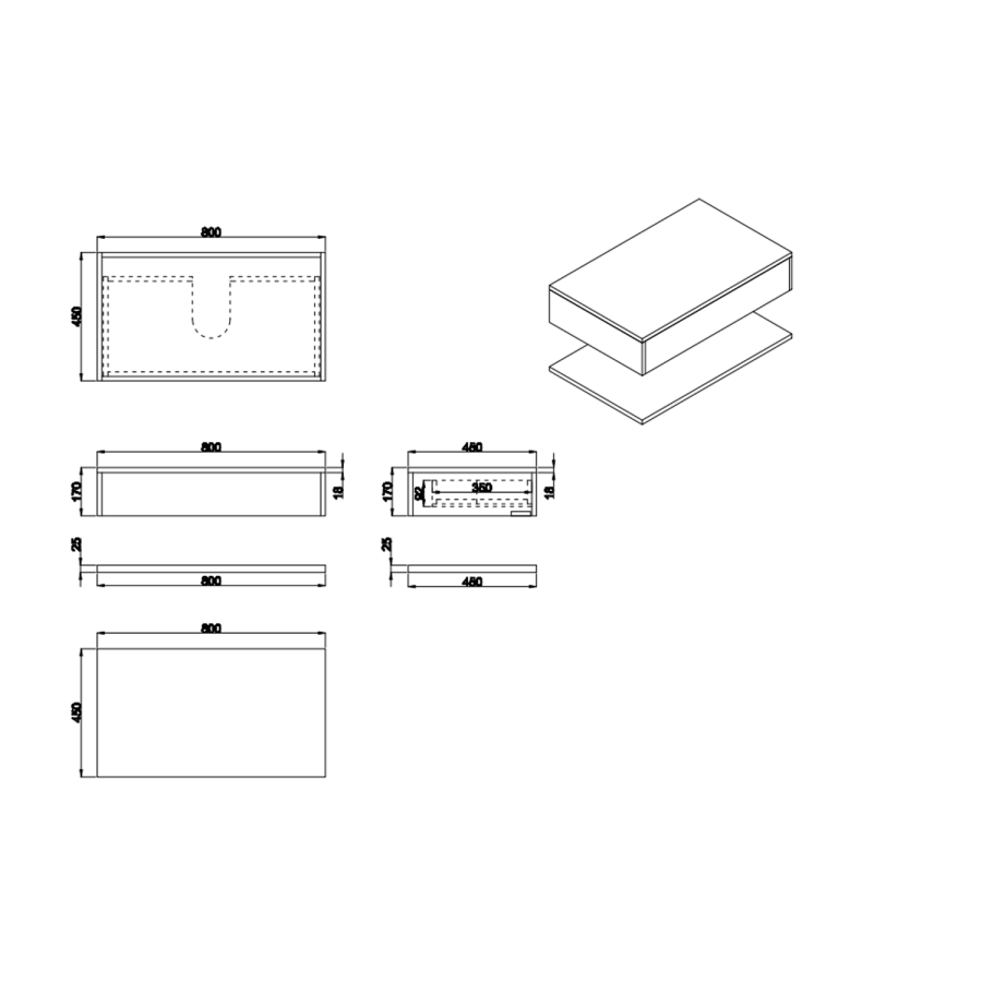 800mm Black Wall Hung Countertop Vanity Unit with Black Square Basin and Shelf - Lugo