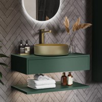 800mm Green Wall Hung Countertop Vanity Unit with Brass Basin and Shelf - Lugo 800mm Green Wall Hung Countertop Vanity Unit with Brass Basin and Shelf - Lugo
