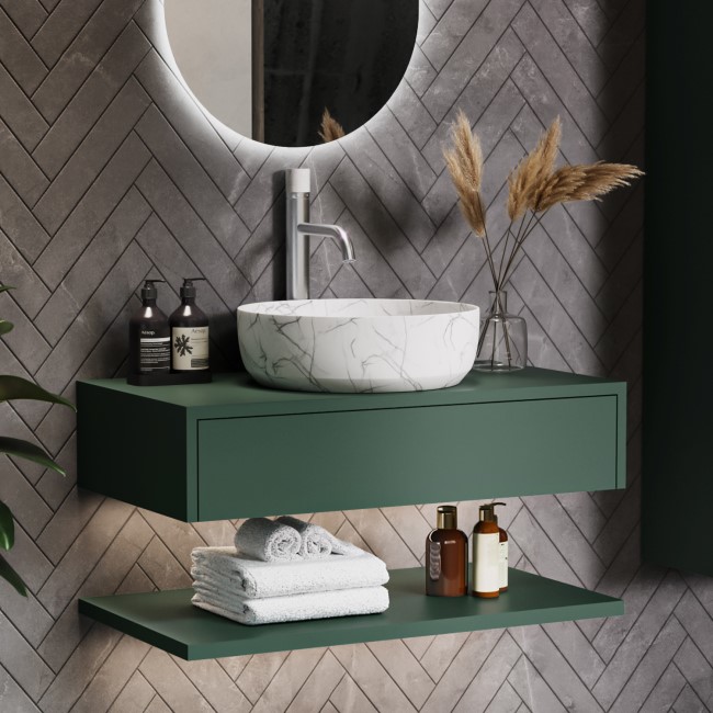 800mm Green Wall Hung Countertop Vanity Unit with White Marble Effect Basin and Shelves - Lugo