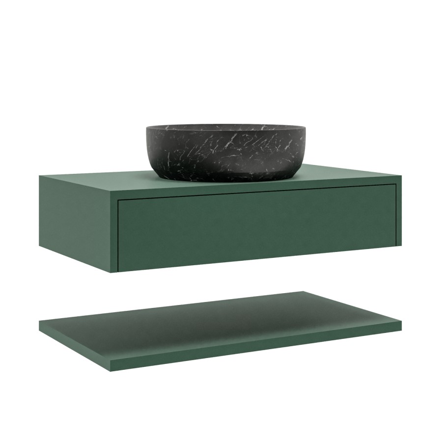800mm Green Wall Hung Countertop Vanity Unit with Black Marble Effect Basin and Shelf - Lugo