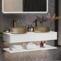 1200mm White Wall Hung Double Countertop Vanity Unit with Brass Basins and Shelves - Lugo