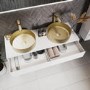 1200mm White Wall Hung Double Countertop Vanity Unit with Brass Basins and Shelves - Lugo