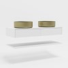 1200mm White Wall Hung Double Countertop Vanity Unit with Brass Basins and Shelves - Lugo