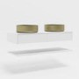 1200mm White Wall Hung Double Countertop Vanity Unit with Brass Basins and Shelves - Lugo