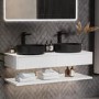 1200mm White Wall Hung Double Countertop Vanity Unit with Black Basins and Shelf - Lugo