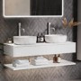 1200mm White Wall Hung Double Countertop Vanity Unit with White Marble Effect Basins and Shelves - Lugo