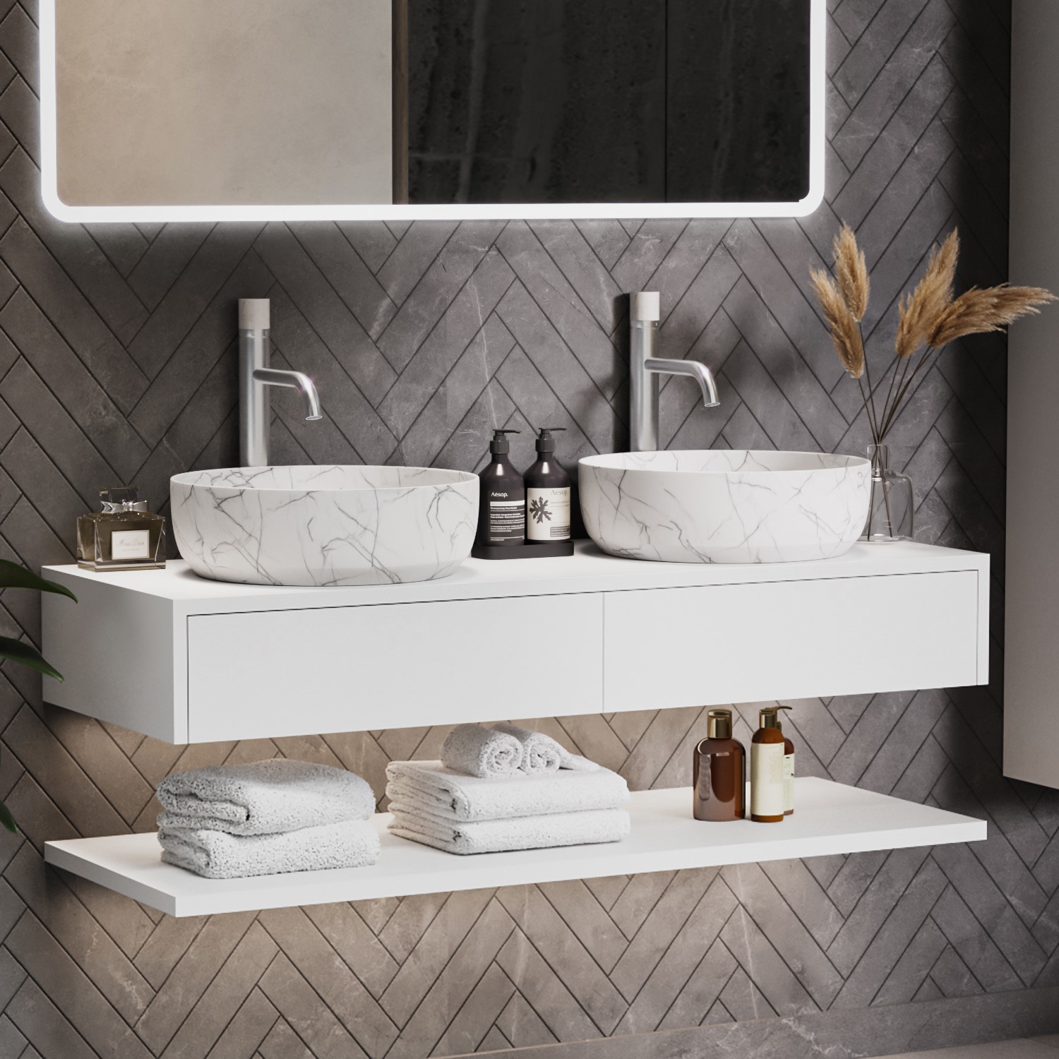 Basin Unit 1200mm White Wall Hung Countertop Double Vanity Unit with White Marble ...