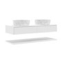 1200mm White Wall Hung Countertop Double Vanity Unit with White Marble Effect Basins and Shelf - Lugo