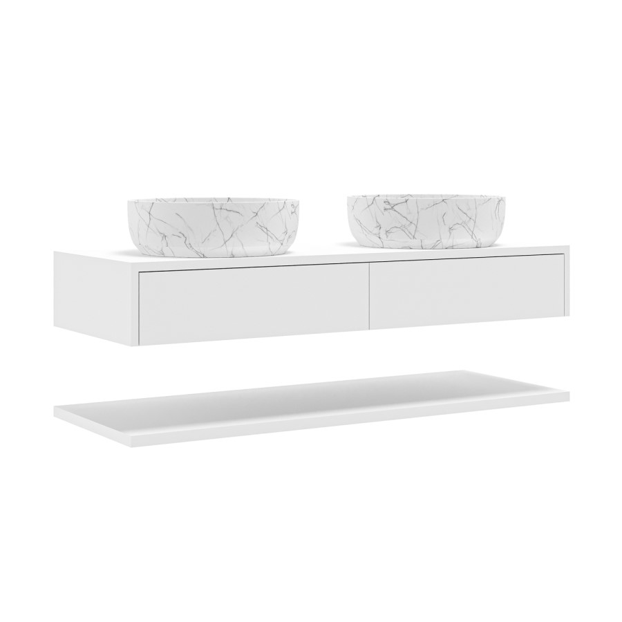 1200mm White Wall Hung Countertop Double Vanity Unit with White Marble Effect Basins and Shelf - Lugo