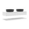 1200mm White Wall Hung Double Countertop Vanity Unit with Black Marble Effect Basins and Shelves - Lugo