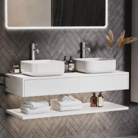 1200mm White Wall Hung Countertop Double Vanity Unit with Square Basins and Shelf - Lugo 1200mm White Wall Hung Countertop Double Vanity Unit with Square Basins and Shelf - Lugo