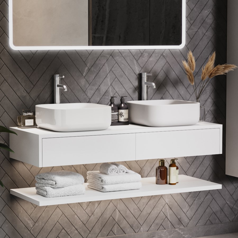1200mm White Wall Hung Countertop Double Vanity Unit with Square Basins and Shelf - Lugo