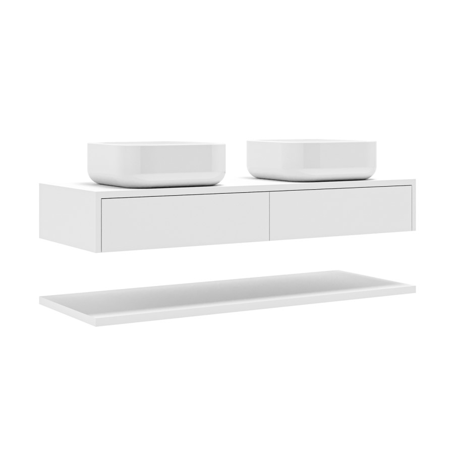 1200mm White Wall Hung Countertop Double Vanity Unit with Square Basins and Shelf - Lugo