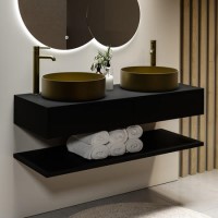 1200mm Black Wall Hung Countertop Double Vanity Unit with Brass Basins and Shelf - Lugo
