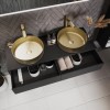 1200mm Black Wall Hung Double Countertop Vanity Unit with Brass Basins and Shelves - Lugo