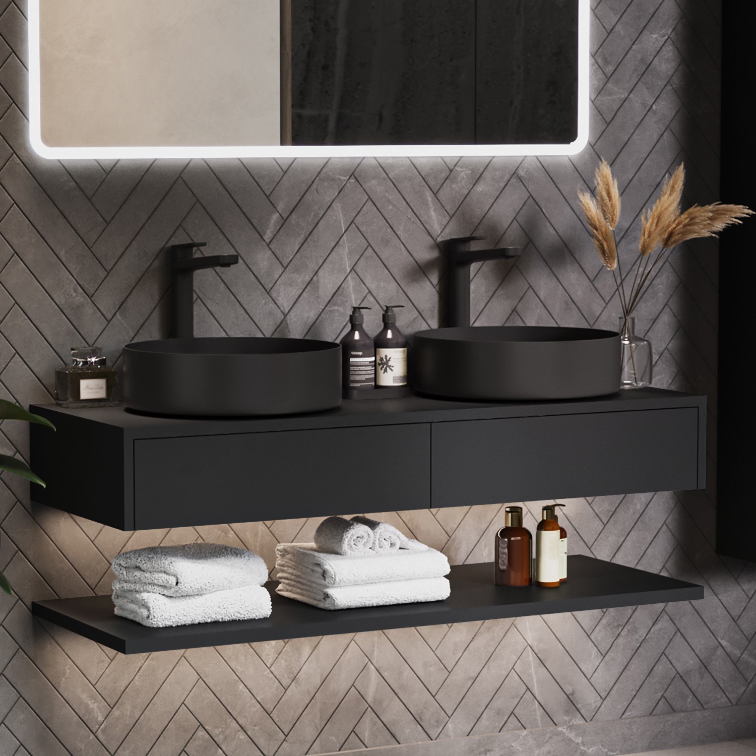 Photos - Bathroom Sink 1200mm Black Wall Hung Double Countertop Vanity Unit with Black Basins and Shelf - Lugo Black BUN/BeBa28145/83924